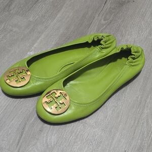 Tory Burch Lime Green Leather Flats with Gold Emblem